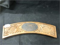 Wonderful teak carving with a brass plaque of a