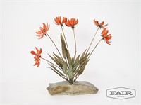 Metal Flowering Plant Sculpture with Rock Base