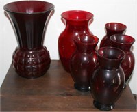 (6) Ruby vases & (5) green vases, (1/2 shelf lot)