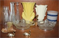 1/2 shelf lot: ceramic & glass vases, crock,
