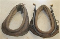 2 vintage leather horse collars & 1 pair brass