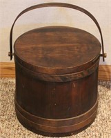 wooden bucket with lid & handle; sewing supplies