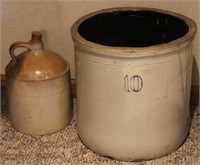 Stoneware: 10 gallon crock & 2 gallon jug