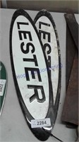 Lester tin signs, pair, 27 x 6.5"