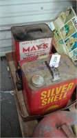 Silver Shell & May's Drugs 2-gallon motor oil cans