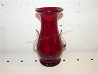 Ruby Red Vase With Applied Leaves 7"