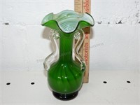 Murano Green Swirl Vase W/ Applied Handles 6"