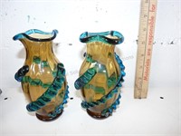 Czech Glass Vases With Amber & Blue Tones 6"