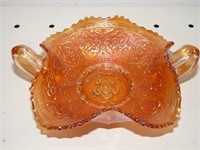 Orange Carnival Glass Handled Candy Dish