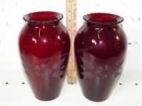 Ruby Red Glass Etched Vase Pair