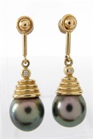 14K Yellow Gold South Sea Pearl, Diamond Earrings