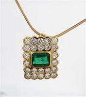 18K Emerald, Diamond Pendant on Chain
