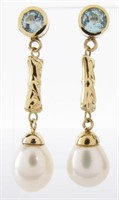 Pair of 14K Yellow Gold Drop Pearl, Topaz Earrings