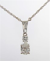 14K White Gold Pear Shaped Diamond Pendant, Chain