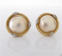 14K Yellow Gold Pearl, Diamond Earrings