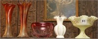 Fenton glass compote, Carnival glass vases