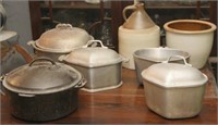 Stoneware 1 gal jug & crock, cast iron pot w/lid