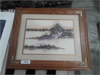 Swan/ lake framed picture, 24.5 x 20.5"
