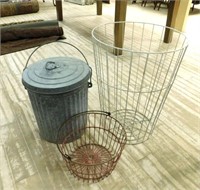 Wire Baskets and Galvanized 1943 U.S. Trash Can.