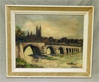 View of a Maastricht Bridge Oil on Canvas, Signed.