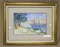 Charming River Scene Watercolor, Signed.