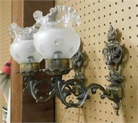 Ruffled Glass Shaded Wall Brass Sconces.