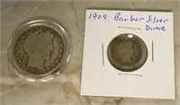 Barber Silver Dime and Barber Silver Half Dollar.