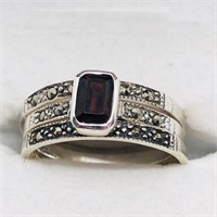 $150 Silver Garnet Marcasite Set Of 3 Rings