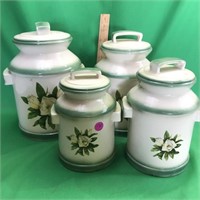 4 Old Ceramic Canisters w/Lids & Magnolia Print