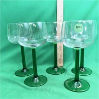 Lot of 5 Green Slender Glass Wine Glasses