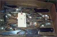 Box of old silverware includes knives, serving pcs