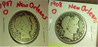 2 silver barber half dollars 1907 08 NEW ORLEANS