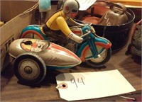 Tin Litho toy motorcycle rider & sidecar