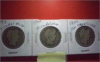 3 old BARBER silver half dollars 1893 1900 1902