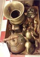 Brass spittoon teapot bells incense eagle bookends