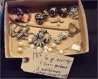 6 pr earrings, cross, 2 necklaces 1 opener