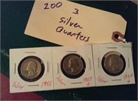 3 US silver Washington quarters 42p 57d 64d