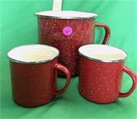 3 Red Speckled Graniteware Enamel Camping Mugs