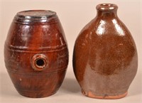 Antique Glazed Redware Flask and Brandy Keg.