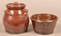 Glazed Redware Covered Canister and Bowl.