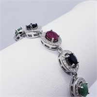 $555 Silver Sapphire, Emerald, Ruby(3ct) Bracelet