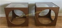 MID CENTURY MODERN TEAK CUBE CUT OUT SIDE TABLES