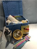 PICNIC BASKET AND ASSORTED ACCESSORIES