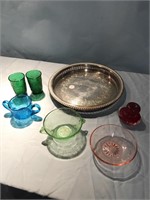 DEPRESSION GLASSES AND SILVER TRAY