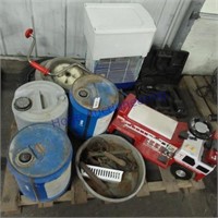 Pallet--5-gal cans, small tires, ice auger,