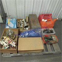 Pallet--household decor, tarp, toolbox, gas cans,