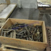 Wood box w/ horse halters, stirrups, hardware