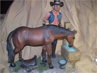 LARGE RESIN WESTERN COWBOY WITH HORSE