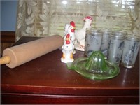 ROLLING PIN, CHICKENS, JUICER AND WATER GLASSES