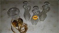 3 SMALL CUT GLASS CRUETTES AND LAMP